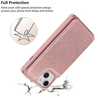 iCoverCase Compatible with iPhone 14 Wallet Phone Case with Card Holder for Women, RFID Blocking Embossed PU Leather Wrist Strap Case 6.1 Inch (Heart Rose Gold) - color: H-Rose Gold