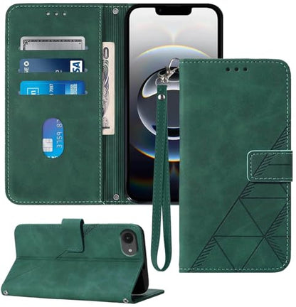 Flip Wallet Case for iPhone 17e/16e, Wrist Strap, Green | Embossed PU Leather, Detachable Wrist Strap, Card Slots, TPU Inner, Cash Pocket, Magnetic Closure, Stand, Precise Cutouts - color: Green