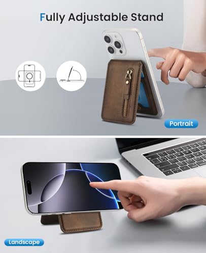 HAII for MagSafe Card Wallet Bag compatible with MagSafe Invisible Ultra-Thin Lightweight Kickstand Magnetic Mobile Wallet Man Woman, 4 Card Slots + 1 Zipper Cash Bag. (Brown, Zipper) - color: Brown, size: 4 Card Slots + 1 Zipper Cash Bag - Zipper