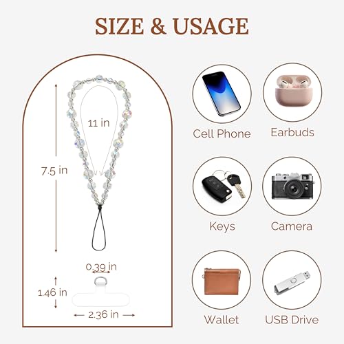 Crystal & Pearl Phone Charm Wrist Strap, Beaded Lanyard Wristlet Chain, Hands-Free Bracelet Strap for Phone Cases - color: Crystal