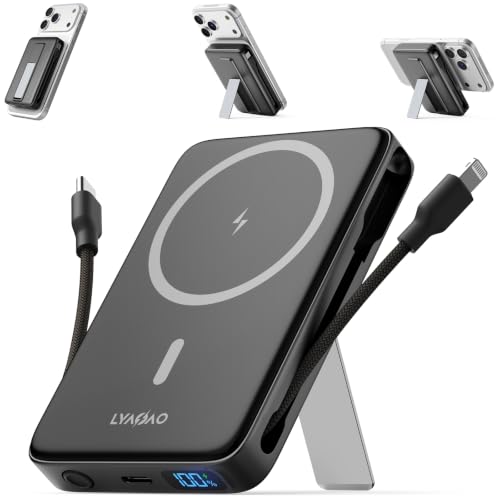 Magnetic Portable Charger 10000mAh, 22.5W Power Bank with Built in Cable - color: black