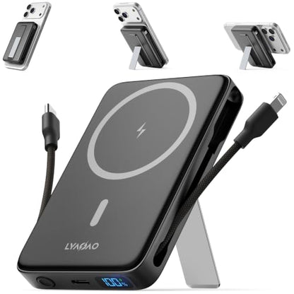 Magnetic Portable Charger 10000mAh, 22.5W Power Bank with Built in Cable - color: black