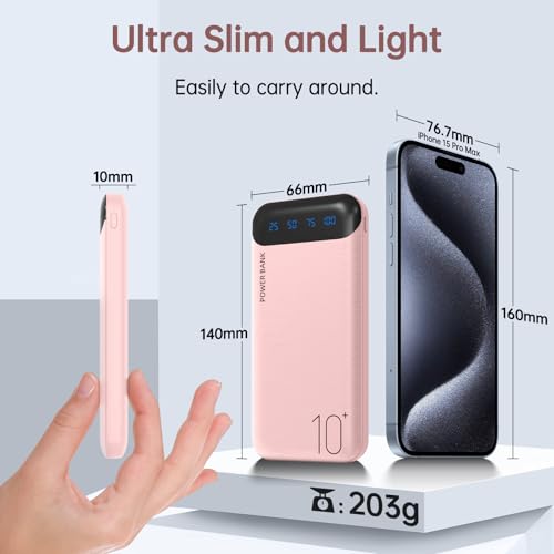 YOBON Power Bank 10000mAh Portable Charger Slim Battery Pack with 2 USB 2.4A Outputs and USB C in/Out Compatible with Huawei iPhone 16 15 14 13 12 iPad Samsung Galaxy S20 Android Tablet (Light Pink) - color: Light Pink