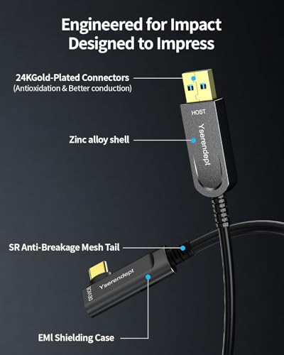 Fiber Optic USB C Cable 50ft,Right Angle High Speed 10Gbps Active Optical Long Distance Extension for Webcams,4K Cameras,VR/AR,Hubs,HDDs,Projectors & Medical Systems - size: 50ft, style: Right Angle USB A to C