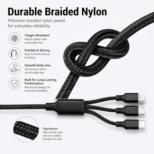 3-in-1 Multi Fast Charging Cable 4FT Nylon Braided Micro USB USB-C for iPhone 14 13 12 Pro Max Samsung OnePlus Xiaomi Travel Car Accessories - color: Black