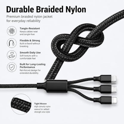 3-in-1 Multi Fast Charging Cable 4FT Nylon Braided Micro USB USB-C for iPhone 14 13 12 Pro Max Samsung OnePlus Xiaomi Travel Car Accessories - color: Black