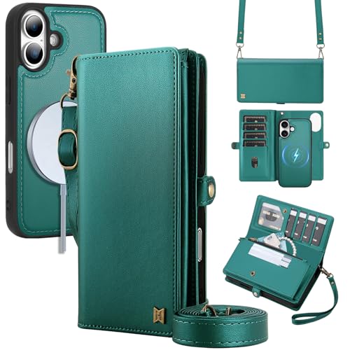 for Wallet Case Compatible with iPhone 17,Multi-Function Detachable 2 in 1 Magnetic iPhone 17 Case Wallet,Flip Strap Zipper Card Holder Phone Case with Shoulder Straps (Green) - color: Green, size: iPhone 17