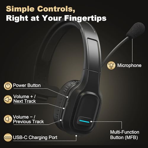 Bluetooth Headset for Truck Drivers, Single Ear Wireless Headphone with Noise Cancelling Mic, Mute Button, Hands-Free Calling, 60H Battery Life for Call Center, Office & Mobile Phone