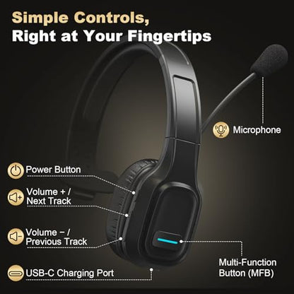 Bluetooth Headset for Truck Drivers, Single Ear Wireless Headphone with Noise Cancelling Mic, Mute Button, Hands-Free Calling, 60H Battery Life for Call Center, Office & Mobile Phone