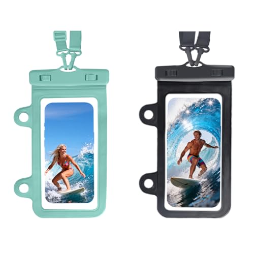 Larger Waterproof Phone Pouch iPhone &Shower Phone Holder Waterproof with 2 Suction Cups,Water Phone Protector Pouch with Adjustable Lanyard for iPhone 17 16 ProMax (Black+Mint Green, 2 PCS) - color: Black+Mint Green