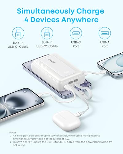 Anker Power Bank,20,000mAh 45W Portable Charger,Dual Built-in USB-C Cables - color: White, size: Built-in C cable*2