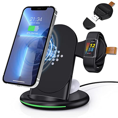 3 in 1 Wireless Charger for Fitbit Charge 6/5/Fitbit Luxe,Wireless Charging Station Compatible for iPhone 14/12 Pro Max/13/11/8, for Samsung Galaxy S22+ S22, for AirPods Pro/3 (Black)