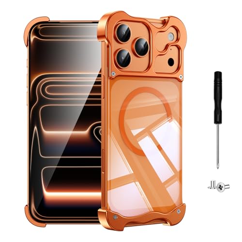Metal Bumper case for iPhone 17 Pro with Magnetic - Orange | Fit for MagSafe, 4-Corner Airbag Rugged Shockproof, Frameless Minimalist slim cover, DIY Assemble Design, Camera Protection - color: Orange, size: iPhone 17 Pro