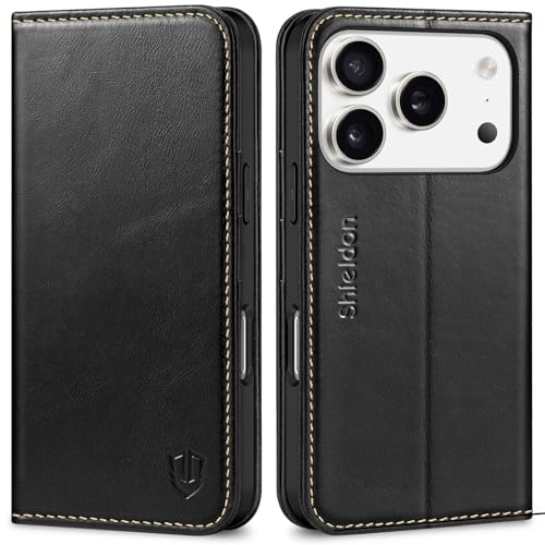 SHIELDON Genuine Leather Wallet Case for iPhone 17 Pro 6.3", Retro Black | Magnetic Closure, RFID Blocking, Credit Card Holder, Viewing Stand, Folio Design, Shockproof Protective Cover - color: Retro Black