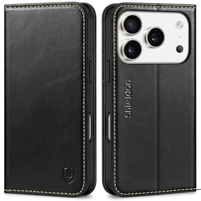 SHIELDON Genuine Leather Wallet Case for iPhone 17 Pro 6.3", Retro Black | Magnetic Closure, RFID Blocking, Credit Card Holder, Viewing Stand, Folio Design, Shockproof Protective Cover - color: Retro Black