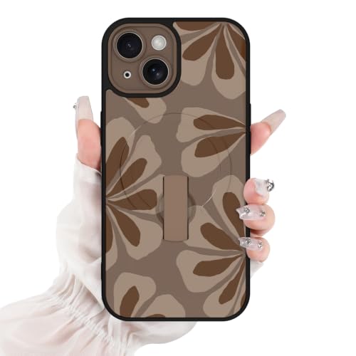 for iPhone 15 Case Brown Cute Petals Floral Pattern | [Compatible with Magsafe] with Finger Hand Strap Kickstand Case for Girls Women Shock Scratch Protection Phone case - color: Brown / Floral Petal, size: iPhone 15
