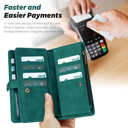 TwoHead for iPhone 11 Wallet case with 11 Card Holder (Green) | Detachable Magnetic Phone Case, PU Leather Wallet for Women/Men,Wireless Charging Compatible,with Wrist Strap - color: Green