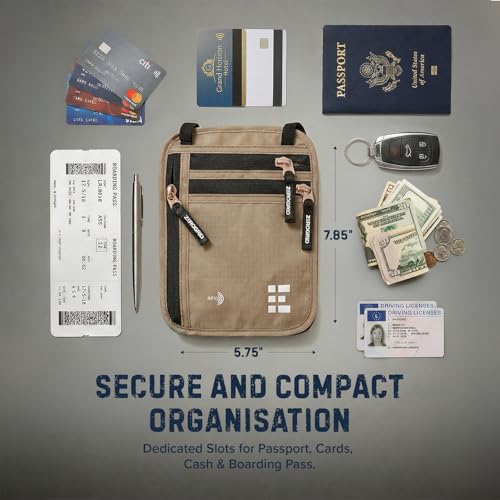 Zero Grid RFID Travel Neck Wallet, Large Passport Holder, Beige - color: Beige, size: Solo/Couple