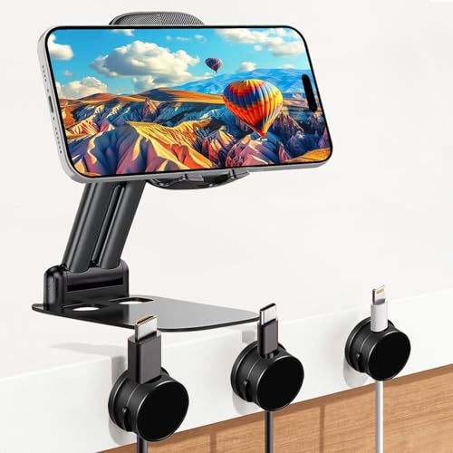 Cell Phone Stand Desktop and Magnetic Cable Clips Set, Foldable & Height Adjustable Phone Holder and Adhesive Wire Holder Keeper Organizer Compatible with All Phones