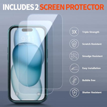 Shockproof for iPhone 15 Case,[15 FT Military Grade Drop Protection],with 2X [Tempered Glass Screen Protector ] with Air Bumpers Full-Body Protective Phone Case, Blackish Green - color: Blackish Green