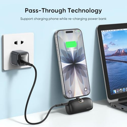 Kuulaa Portable Phone Charger with Built-in USB-C Plug, 5000mAh Mini Portable Charger Power Bank Small Battery Pack for iPhone 15/16/17 Samsung S24/S23 & Android (Black) - color: Black