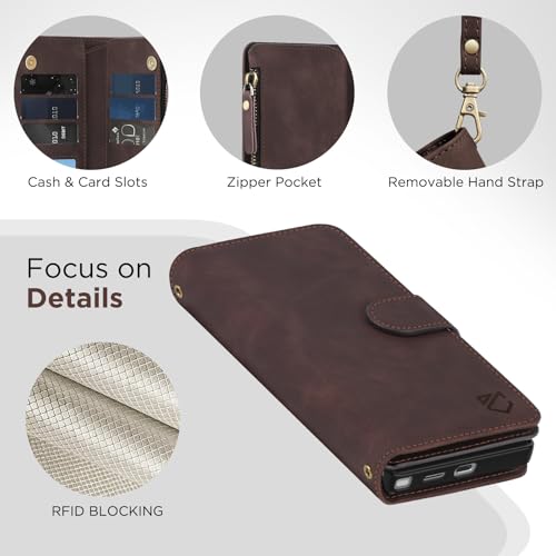 for Samsung Galaxy S24-Ultra-Wallet Case: with RFID Blocking Card Slots (6 Cards) | Soft PU Leather Magnetic Snap Zipper Pocket | Crossbody Wrist Strap Protective Phone Cover - Coffee - color: Coffee, size: Galaxy S24 Ultra（6.8‘’）