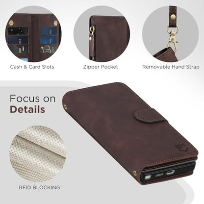 for Samsung Galaxy S24-Ultra-Wallet Case: with RFID Blocking Card Slots (6 Cards) | Soft PU Leather Magnetic Snap Zipper Pocket | Crossbody Wrist Strap Protective Phone Cover - Coffee - color: Coffee, size: Galaxy S24 Ultra（6.8‘’）