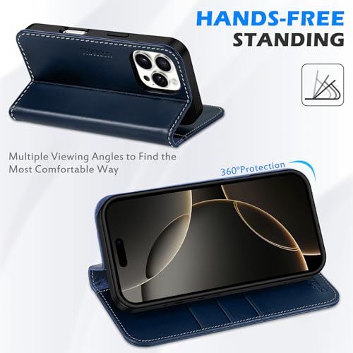 SHIELDON Genuine Leather Wallet Case for iPhone 16 Pro Max, Retro Dark Blue | RFID Blocking, Credit Card Holder, Magnetic Closure, Kickstand, Folio Design, Soft Shock-Absorbent Phone Cover - color: Retro Dark Blue