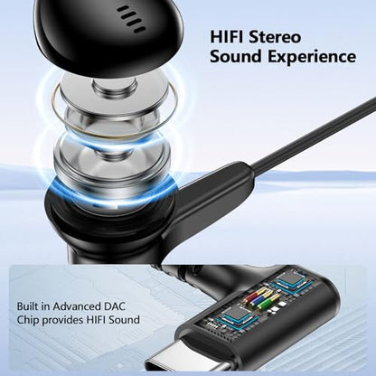 90° Angled USB C Headphones for iPhone Duo 18 17 16 15 Pro Max Wired Earbud - color: Black