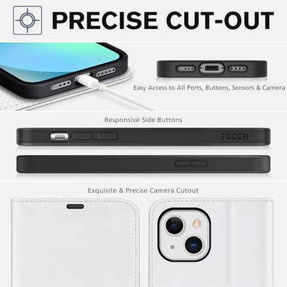 TUCCH Case Wallet for iPhone 13 (6.1") 2021, RFID Blocking Folio, White | 3 Card Holders, Kickstand, PU Leather, Magnetic Closure, Shockproof TPU Shell, Protective Flip Cover - color: White