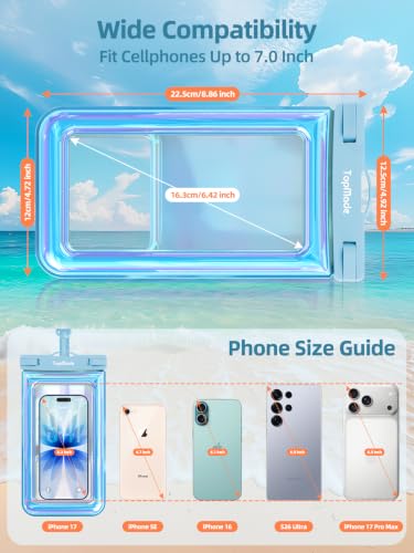 TopMade Floating Waterproof Phone Pouch, 2 Pack IP68 Waterproof Phone Case | Beach/Cruise/Travel Essentials, Detachable Lanyard, Waterproof Pouch for iPhone 17 16 15 Pro Max, Up to 7", Iridescent Blue - color: Blue