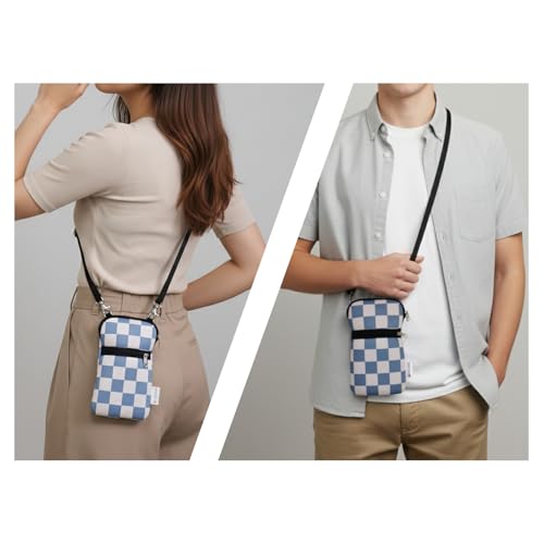 Tainada Crossbody 2-Zip Phone Bag w/Neck Strap (Bluish Gray Checkerboard) | For Men/Women; Water-resistant neoprene pouch, shockproof, lightweight; Compatible with most of smartphones - color: Bluish Gray Checkerboard