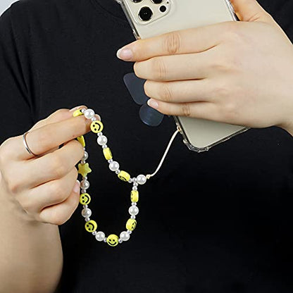 LUSTEMBER Cute Beaded Phone Charm, Smiley Face Wrist Strap, Colorful Handmade Polymer Clay and Pearl Chain - color: Yellow