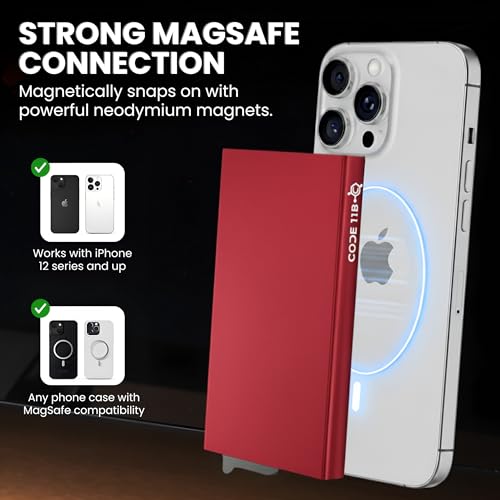 CODE 118 Wallet for Men - Slim Minimalist Aluminum Magnetic Card Holder - RFID Blocking Front Pocket Mag Safe Wallet with Strong Magnet Attachment (Thermal Red) - color: Thermal Red
