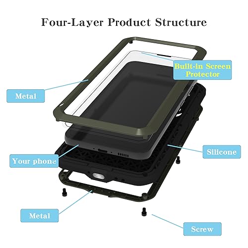 LOVE MEI Military Rugged Case for Samsung Galaxy S23 Fe, with Tempered Glass Screen Protector, Shockproof Dustproof Scratch Proof Hybrid Metal and Silicone Gel Heavy Duty Full Body Cover Green - color: Green