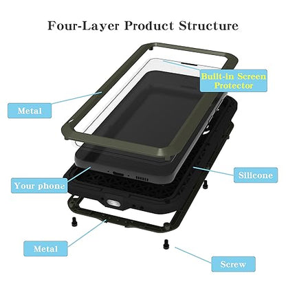 LOVE MEI Military Rugged Case for Samsung Galaxy S23 Fe, with Tempered Glass Screen Protector, Shockproof Dustproof Scratch Proof Hybrid Metal and Silicone Gel Heavy Duty Full Body Cover Green - color: Green