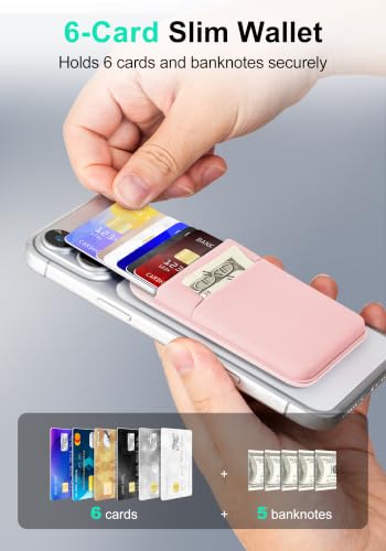 Senose Stretchy Magnetic Phone Wallet, 6 Cards Holder, Slim Phone Wallet | Stretchy Fabric Magnet Phone Wallet for Back of Phone Compatible for iPhone 17/16/15/14/13/12 Pro Max Plus Air Series, Pink - color: Pink
