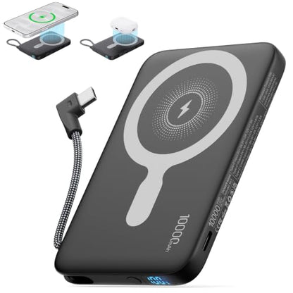 2026 Updated M3 Ultra Slim 0.4'' Wireless Power Bank with Built in Cable - color: Black