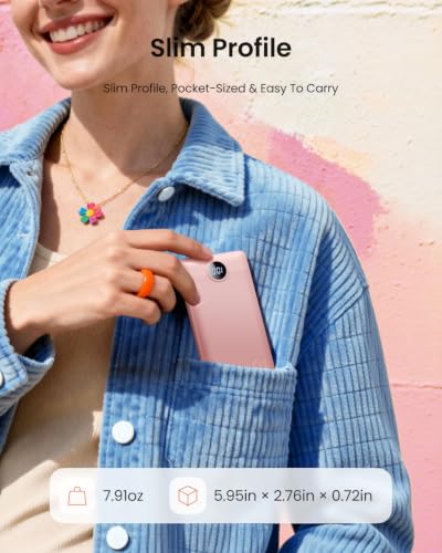 Portable Charger Built-in Cables and Wall Plug, 10000mAh Slim USB C Power Bank, LED Display External Battery Pack Compatible with iPhone/Android & More (Pink) - color: Pink