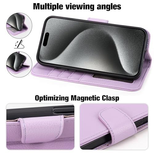Arae Compatible with iPhone 15 Pro Max Case with Card Holder and Wrist Strap Wallet Flip Cover for iPhone 15 Pro Max 6.7 inch Men RFID Blocking Wristlet Kickstand,Litchi Lavander - color: Litchi Lavander, size: iPhone 15 Pro Max 6.7 inch