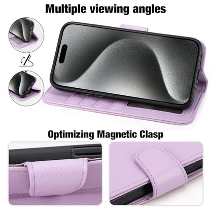 Arae Compatible with iPhone 15 Pro Max Case with Card Holder and Wrist Strap Wallet Flip Cover for iPhone 15 Pro Max 6.7 inch Men RFID Blocking Wristlet Kickstand,Litchi Lavander - color: Litchi Lavander, size: iPhone 15 Pro Max 6.7 inch
