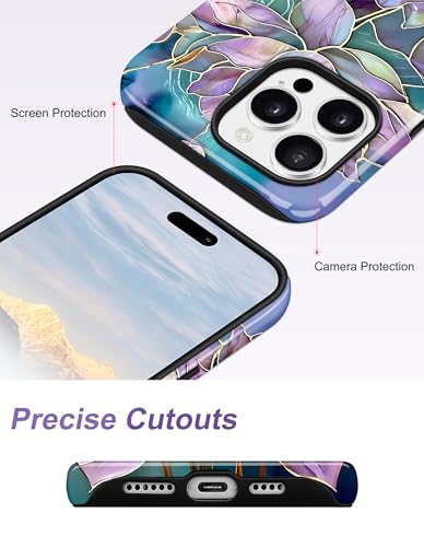 Magnetic Flower Phone Case for iPhone 15 Pro, Purple Water Lily | Compatible with MagSafe, Cute Stained Glass Floral Aesthetic, TPU and PC Shockproof Protective Phone Cover for Women Girls - color: Purple Water Lily