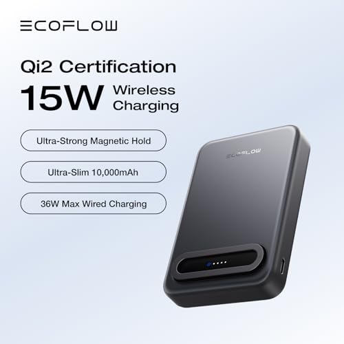 EF ECOFLOW Rapid Mag Power Bank, Qi2 Certified 15W Ultra-Fast MagSafe-Compatible Portable Charger, 10,000mAh Magnetic Power Charger with Foldable Stand, for iPhone 17/16/15. - color: Black