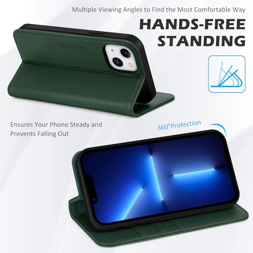 SHIELDON Genuine Leather Case Wallet for iPhone 13 6.1", Midnight Green | Folio Magnetic Closure, RFID Blocking, Credit Card Holder, Kickstand, Shock Absorbing Protective Cover - color: Midnight Green