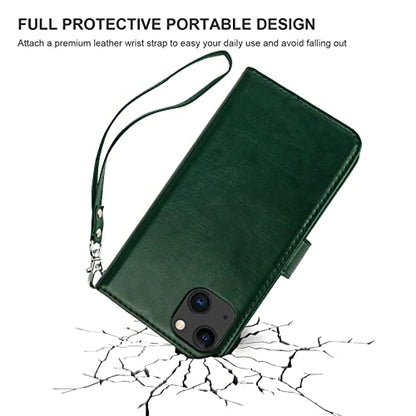 Bocasal Detachable Wallet Case Card Holder for iPhone 13, Green | RFID Blocking Kickstand Card Slots Holder PU Leather Magnetic Shockproof Wrist Strap Removable Flip Protective Cover 6.1 inch - color: Green