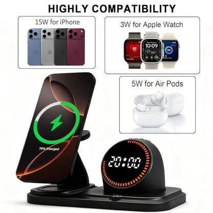 Wireless Charging Station with Clock,6-in-1 Charging Stand - color: Black