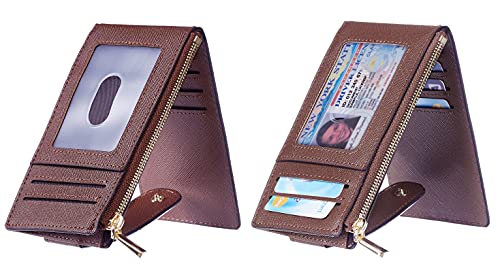 Chelmon Women's RFID Slim Card Holder Wallet | Thin Bifold Multi Card Case with Zipper Coin Pocket Purse for Women(Deep Brown) - color: Deep Brown