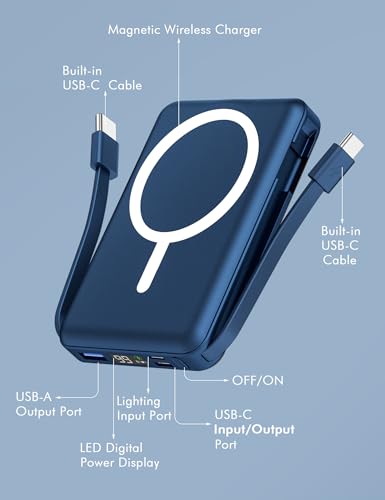 podoru for Magsafe Power Bank, 10000mAh Magnetic Portable Charger - color: Navy Blue