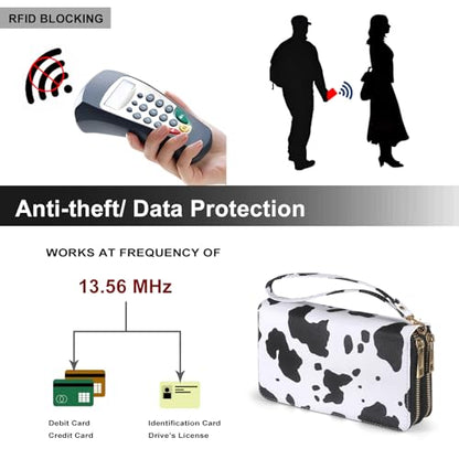 RFID Wallet for Women with Cellphone Pocket - Double Zipper Wristlet Purse Large Capacity, 17 Card Slots, Coin Pocket, ID Window, Cow Print - color: Cow