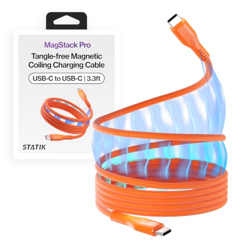 Statik MagStack Pro USB C to USB C Coiling Magnetic Charging Cable,100W - color: Orange, size: 3ft, style: USB-C to USB-C